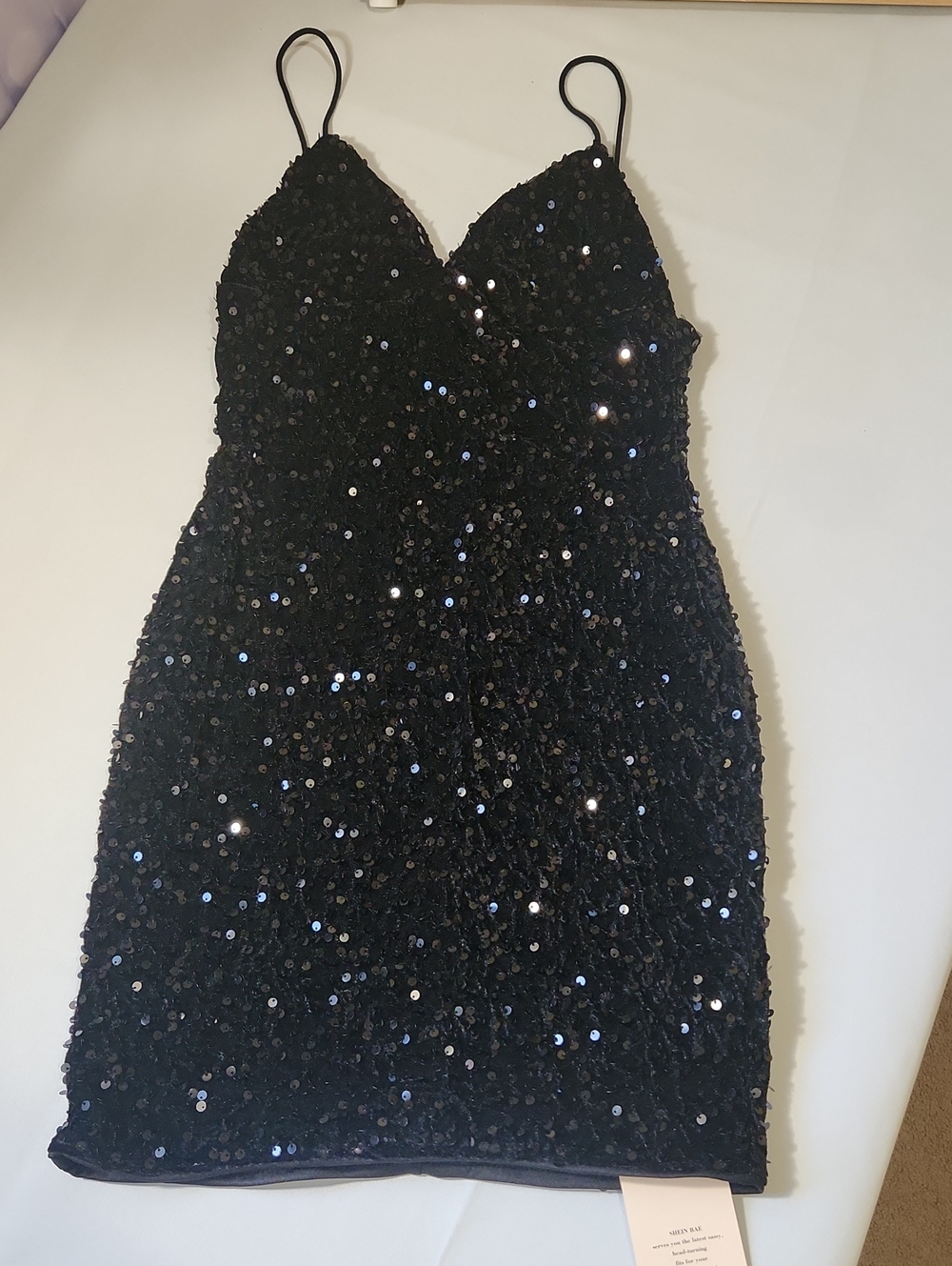 SHEIN Black Sequin Mini Dress with Spaghetti Straps